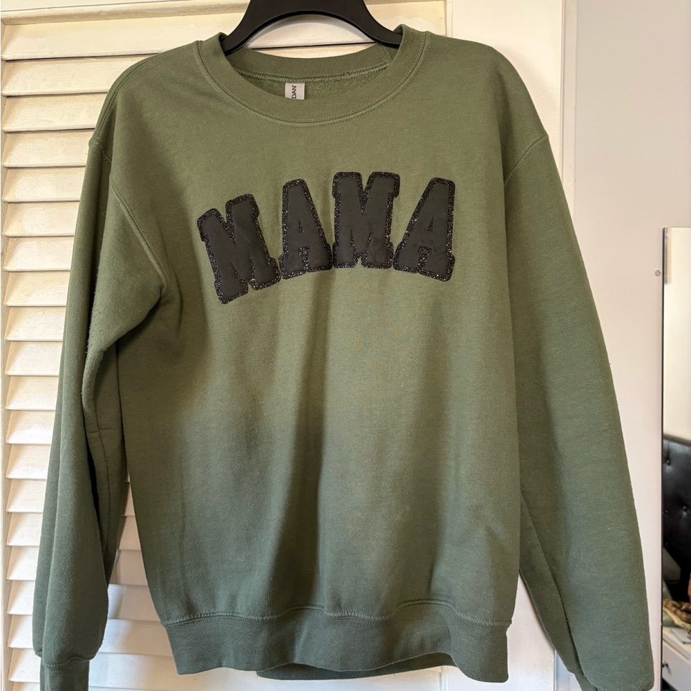 Gildan Olive Green Crewneck Sweatshirt with 'MAMA' Puff Glitter Lettering
